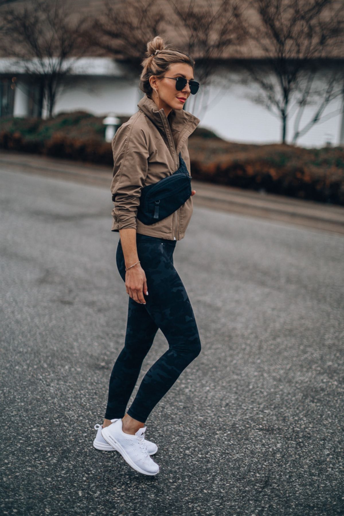 Tan Jacket and Camouflage Leggings for Athleisure — Winter Workout Outfits