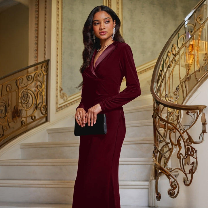 Burgundy Velvet Wrap Maxi Dress with Satin Lapels Burgundy Velvet Wrap Maxi Dress with Satin Lapels — Winter Wedding Guest Outfits