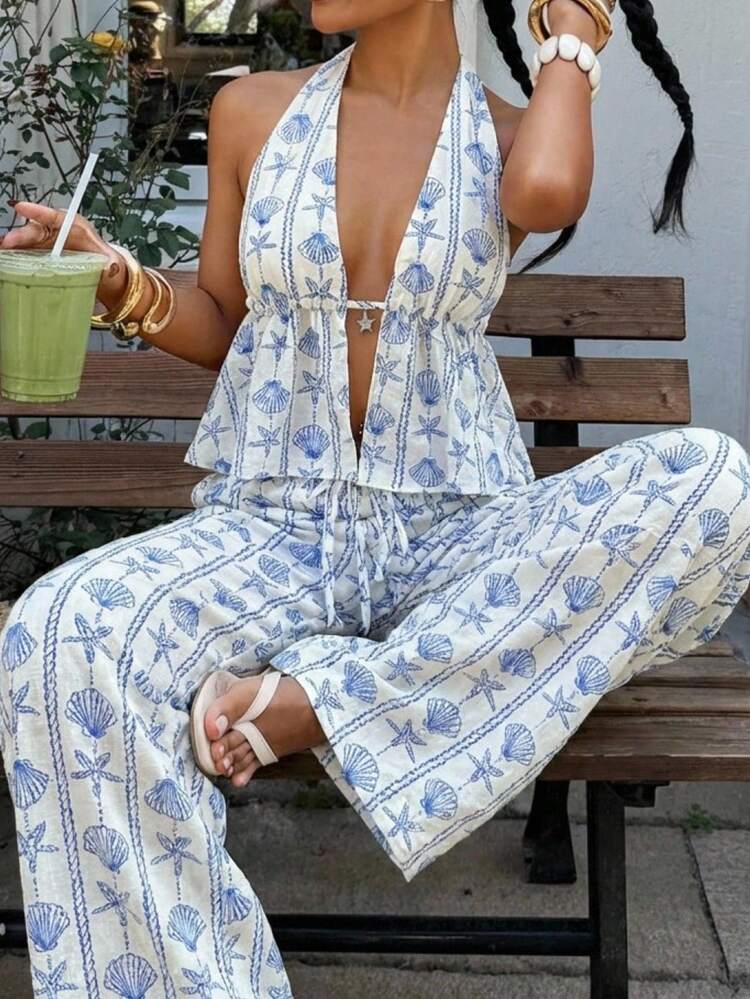 Patterned Halter and Wide-Leg Set for Vacation Loungewear Patterned Halter and Wide-Leg Set for Vacation Loungewear — Loungewear Outfits