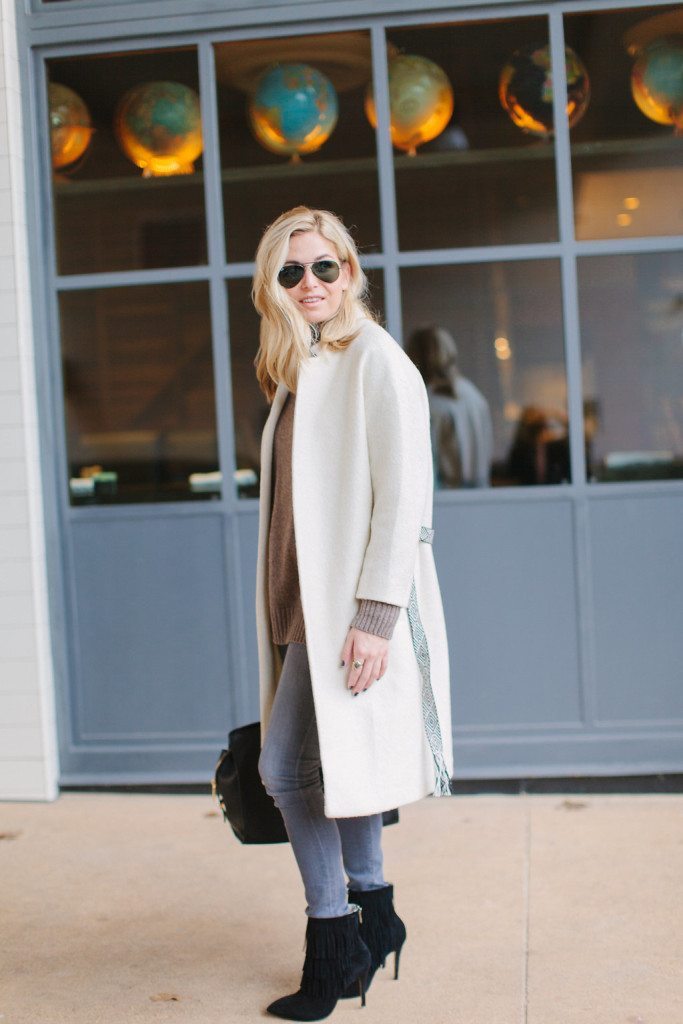 White Patterned Trim Coat with Skinny Jeans — Cold Weather Outfits