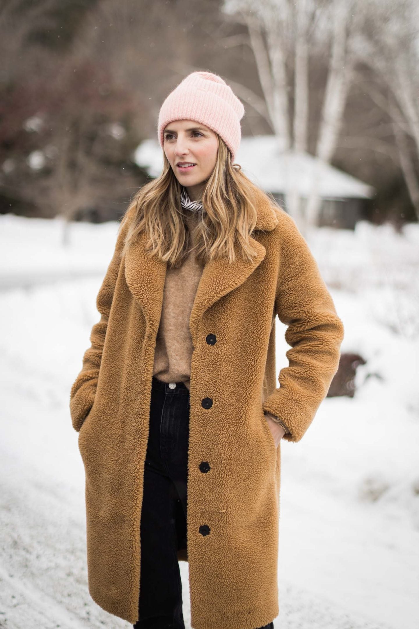 Teddy Coat Over Knit Sweater with Black Jeans and Pink Beanie Teddy Coat Over Knit Sweater with Black Jeans and Pink Beanie — Preppy Winter Outfits
