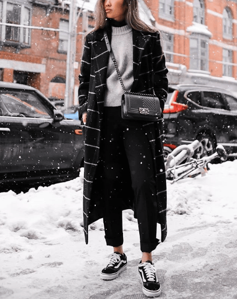 Striped Long Coat Over Grey Knit for a Monochrome Winter Look — Comfy Winter Outfits