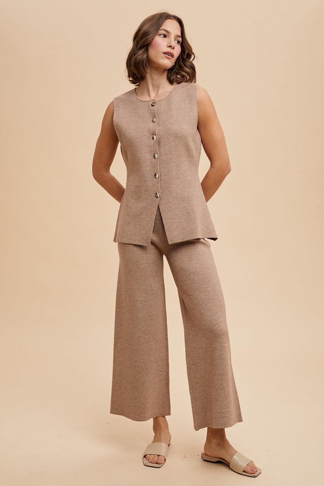 Beige Knit Vest and Wide-Leg Pants for Lounge — Knit Set Outfits