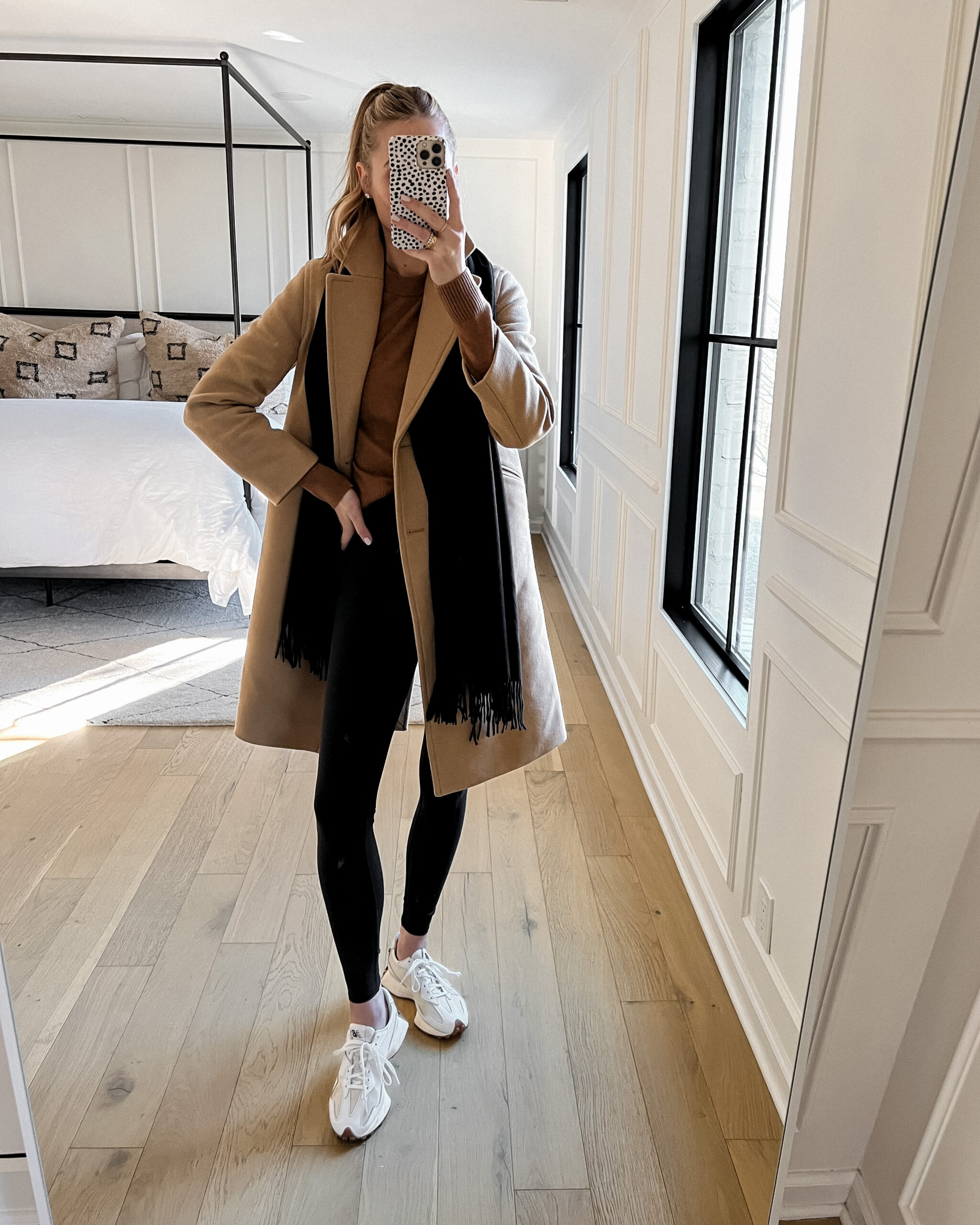 Cozy Layers: Turtleneck, Leggings, and Camel Coat with Sneakers Cozy Layers: Turtleneck, Leggings, and Camel Coat with Sneakers — Winter Outfits with Sneakers