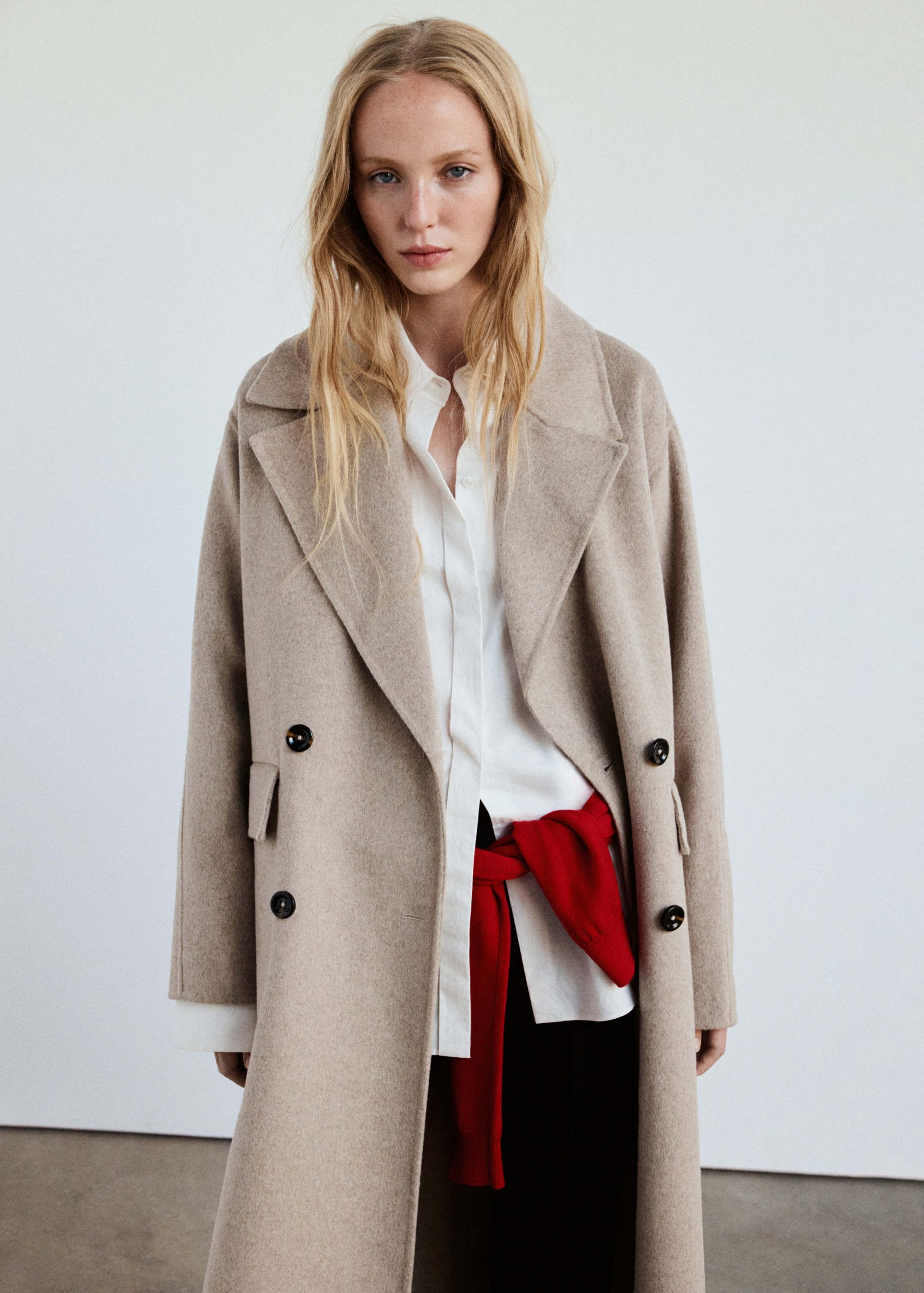 Beige Coat White Shirt Red Sweater Outfit Idea — Winter Coats for Women