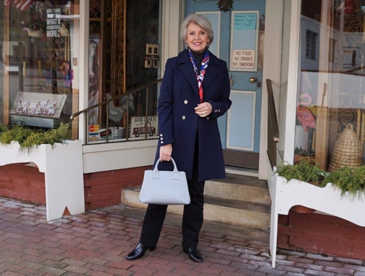 Classic Navy Coat with a Pop of Patterned Scarf — Winter Outfits for Women Over 60