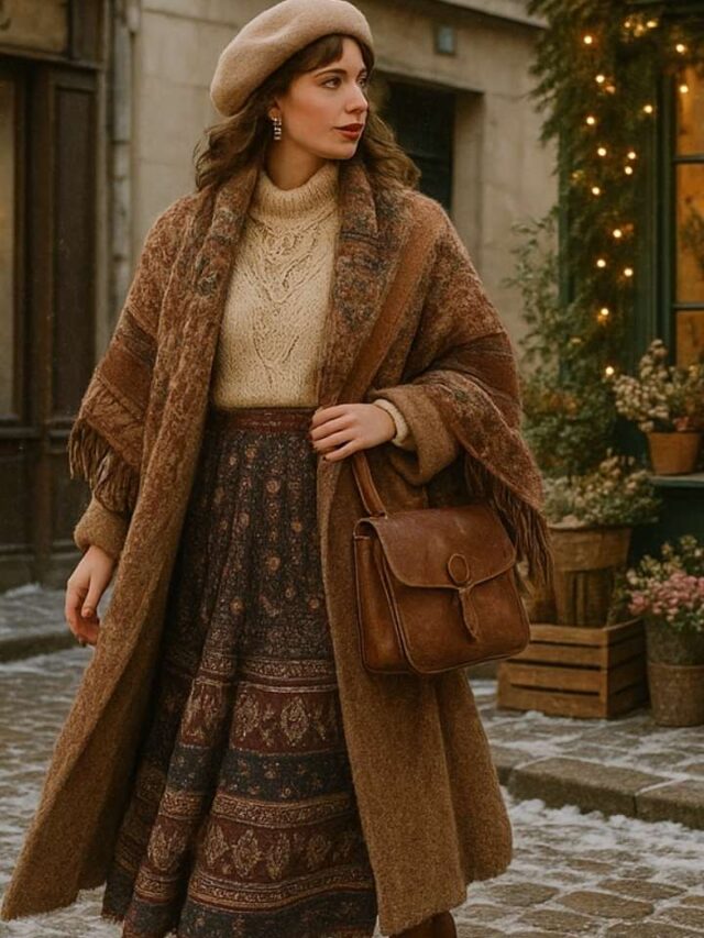 Patterned Shawl and Midi Skirt for Layered Boho Warmth — Boho Winter Outfits