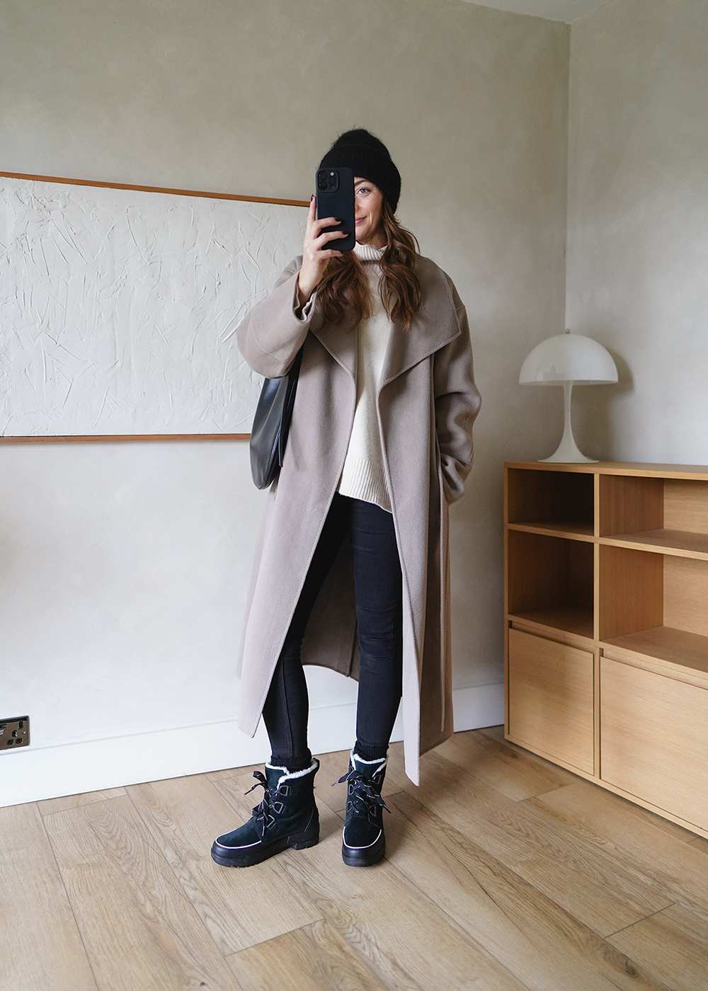 Beige Coat Over Turtleneck with Fur-Trimmed Snow Boots Beige Coat Over Turtleneck with Fur-Trimmed Snow Boots — Snow Boots Outfits