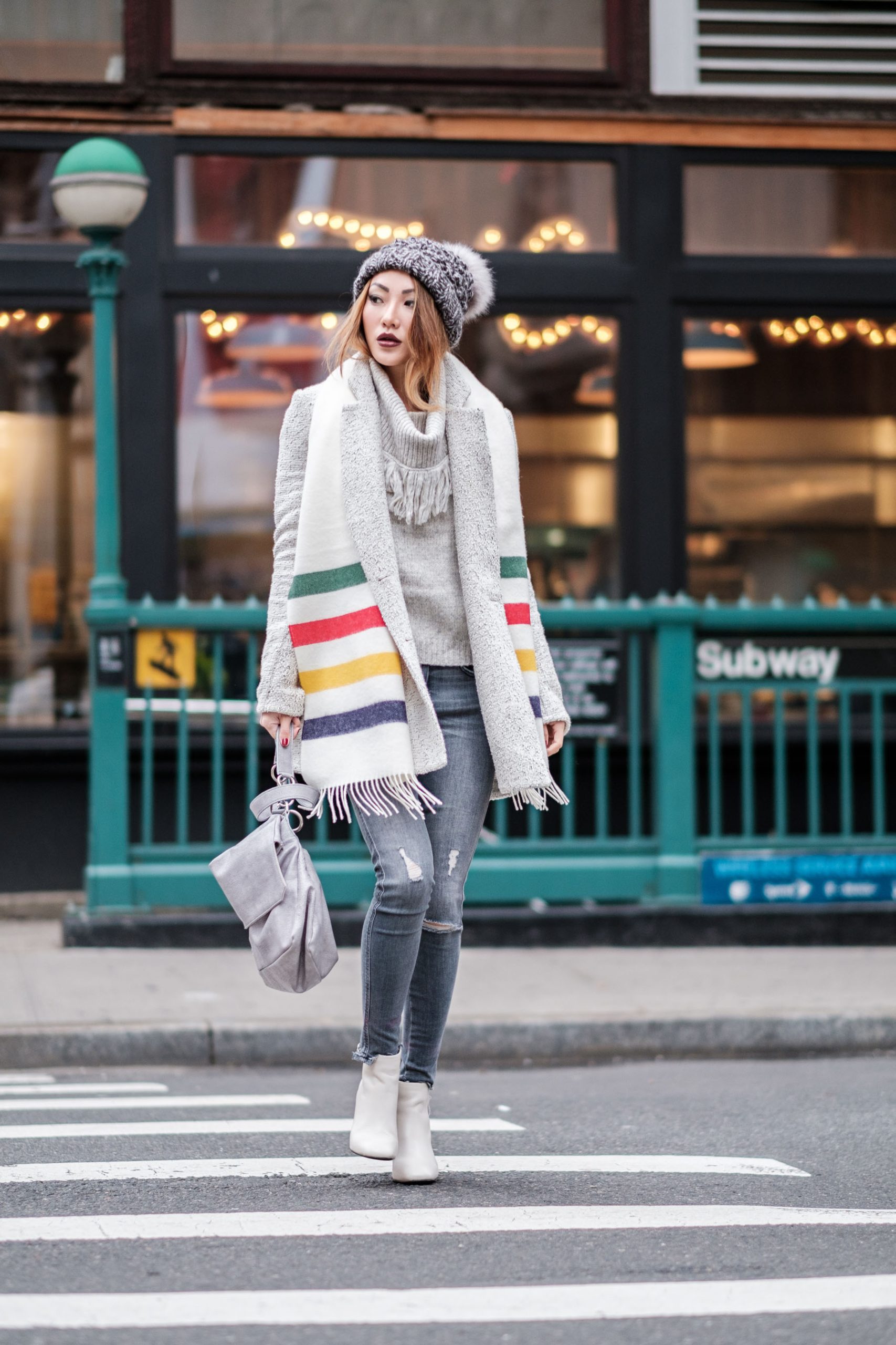 Striped Scarf and Trim Add a Playful Element to a Grey Winter Outfit — Scarf Outfits