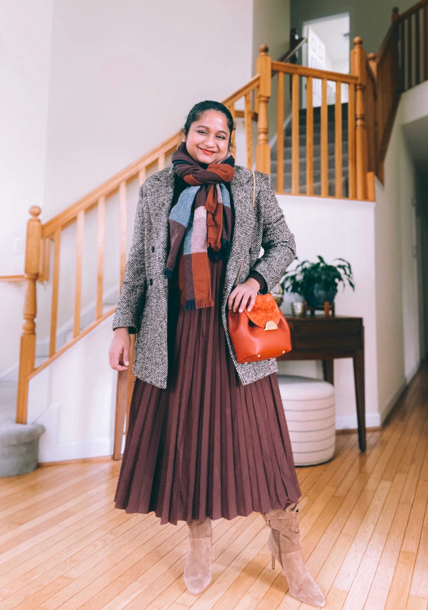 Colorful Plaid Scarf Adds Warmth and Personality to a Tweed Coat — Scarf Outfits
