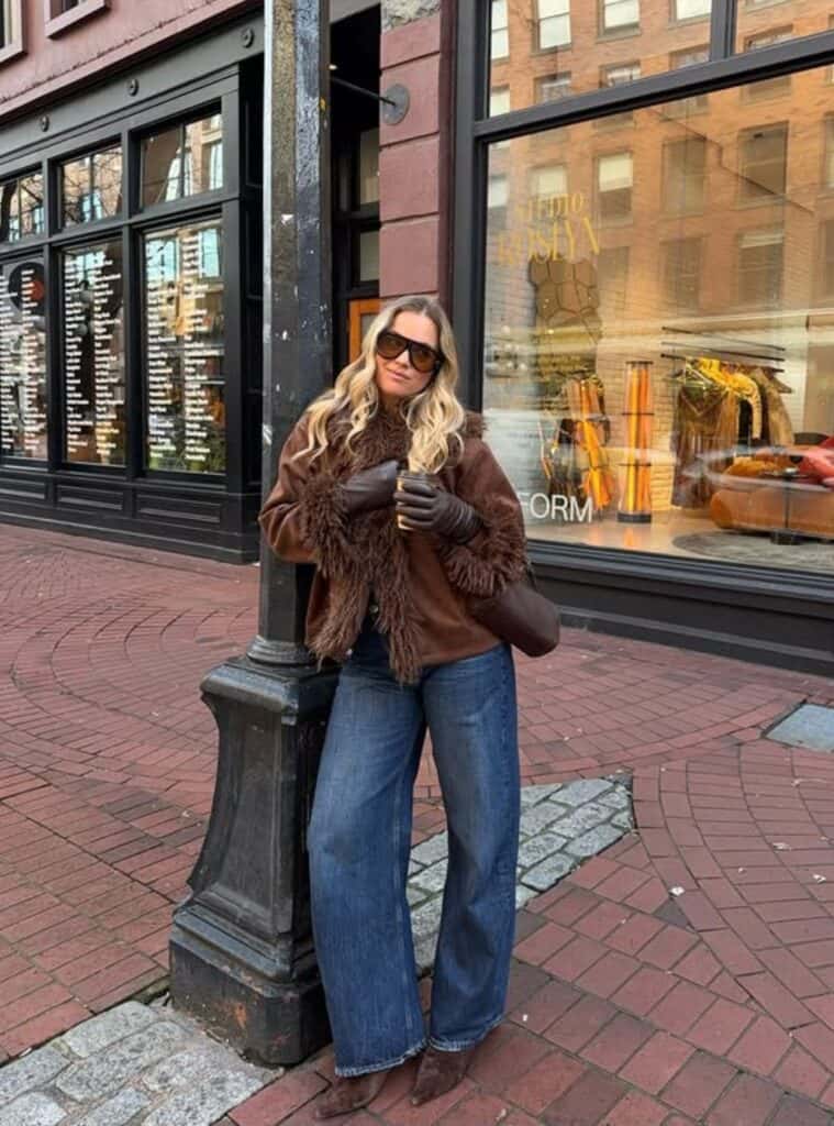Wide-Leg Jeans with a Feather-Trimmed Faux Fur Jacket — Winter Outfits with Jeans