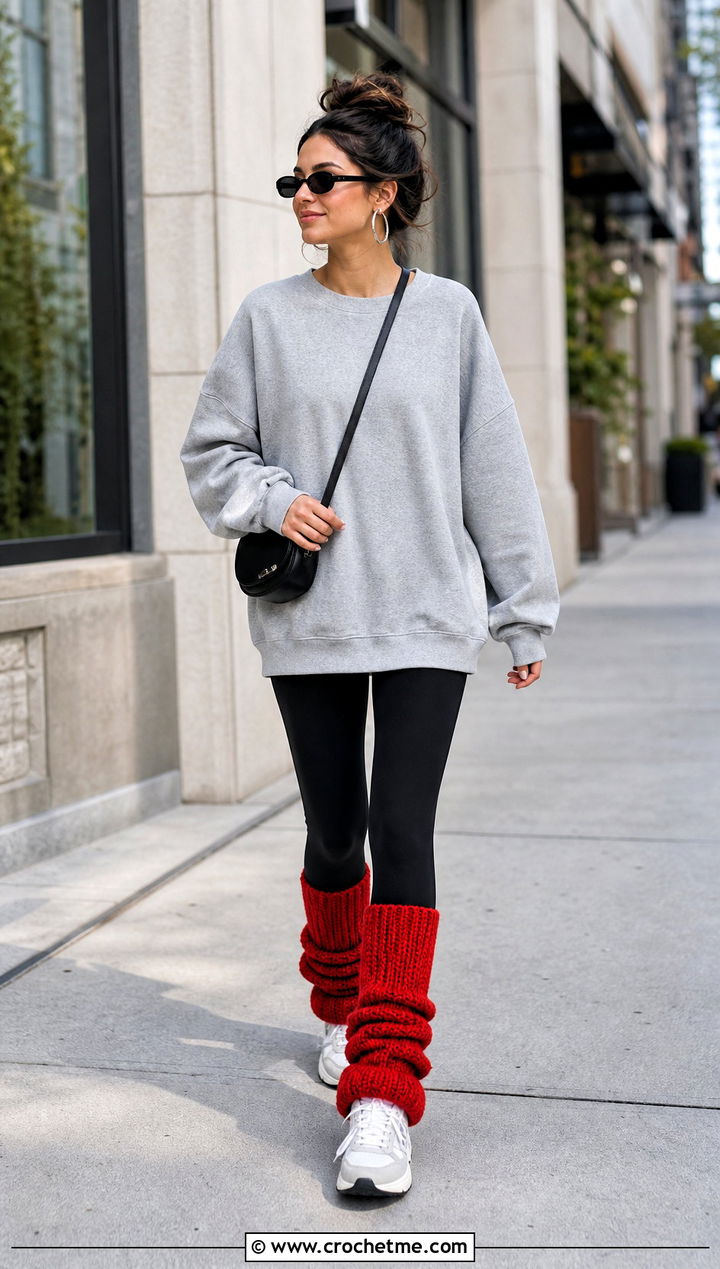 Edgy Streetwear: Red Slouchy Leg Warmers with Oversized Sweatshirt — Leg Warmers Outfits