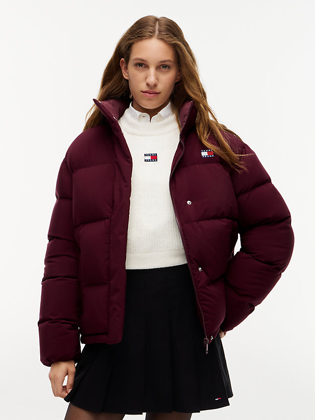 Cropped Burgundy Puffer Jacket with High Collar and Skirt — Winter Jackets for Women