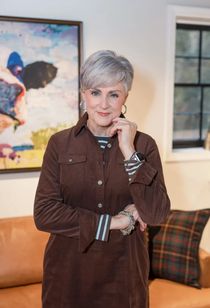 Charming Corduroy Dress Over a Striped Base Layer — Winter Outfits for Women Over 60