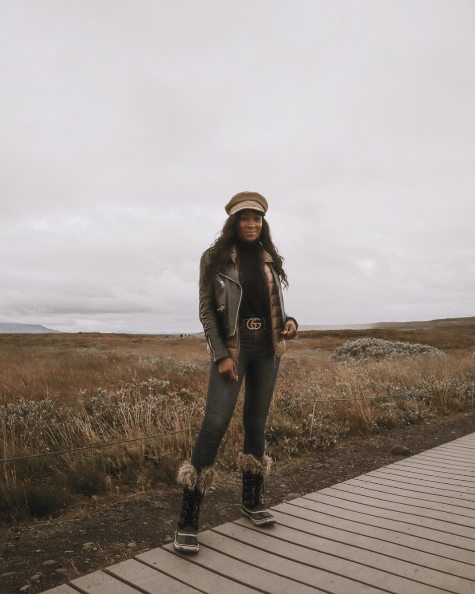 Leather Jacket and Quilted Vest with Fur-Trimmed Snow Boots Leather Jacket and Quilted Vest with Fur-Trimmed Snow Boots — Snow Boots Outfits