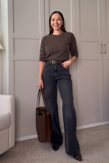 Brown Knit Sweater Outfit Idea Brown Knit Sweater Outfit Idea — Winter Outfits with Wide Leg Jeans