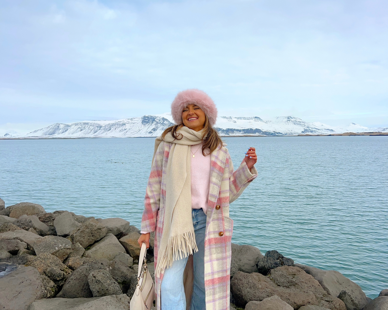Chic Plaid Coat with Sweater and Jeans — Iceland Winter Outfits