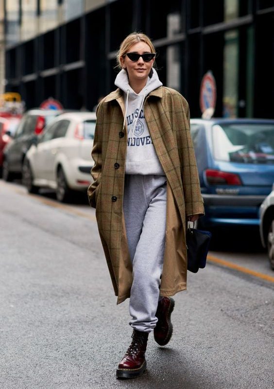 Tweed Trench Coat Over Hoodie and Sweatpants — Japan Winter Outfits