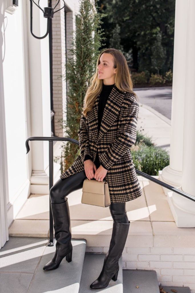 Fall/Winter Sophistication: Leather Pants with Patterned Wool Coat — Leather Pants Outfits