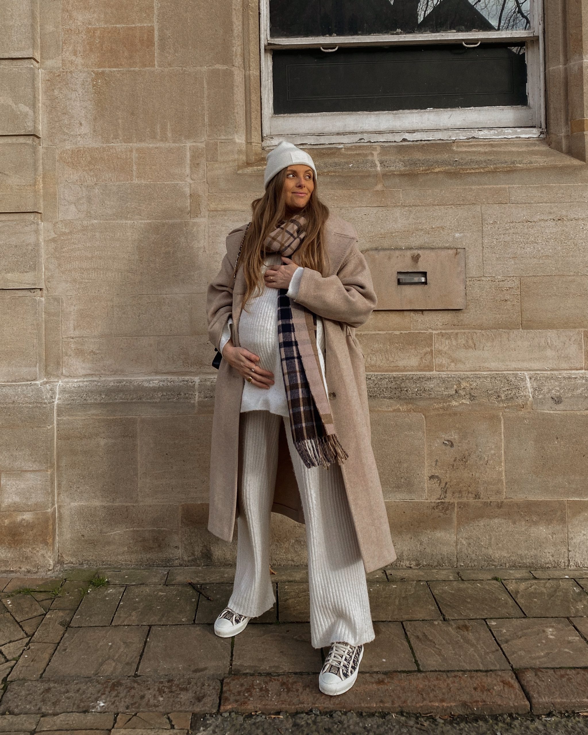Chic Beige Wool-Blend Maternity Ensemble — Winter Maternity Outfits