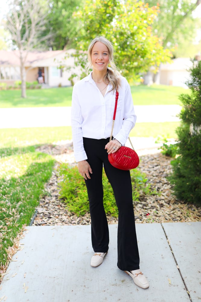 Polished Casual: Black Flare Leggings with Button-Down Shirt Polished Casual: Black Flare Leggings with Button-Down Shirt — Flare Leggings Outfits