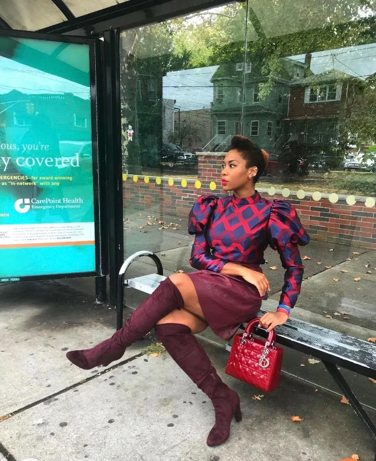 Burgundy Suede Boots with Mini Skirt and Patterned Top — Burgundy Outfits