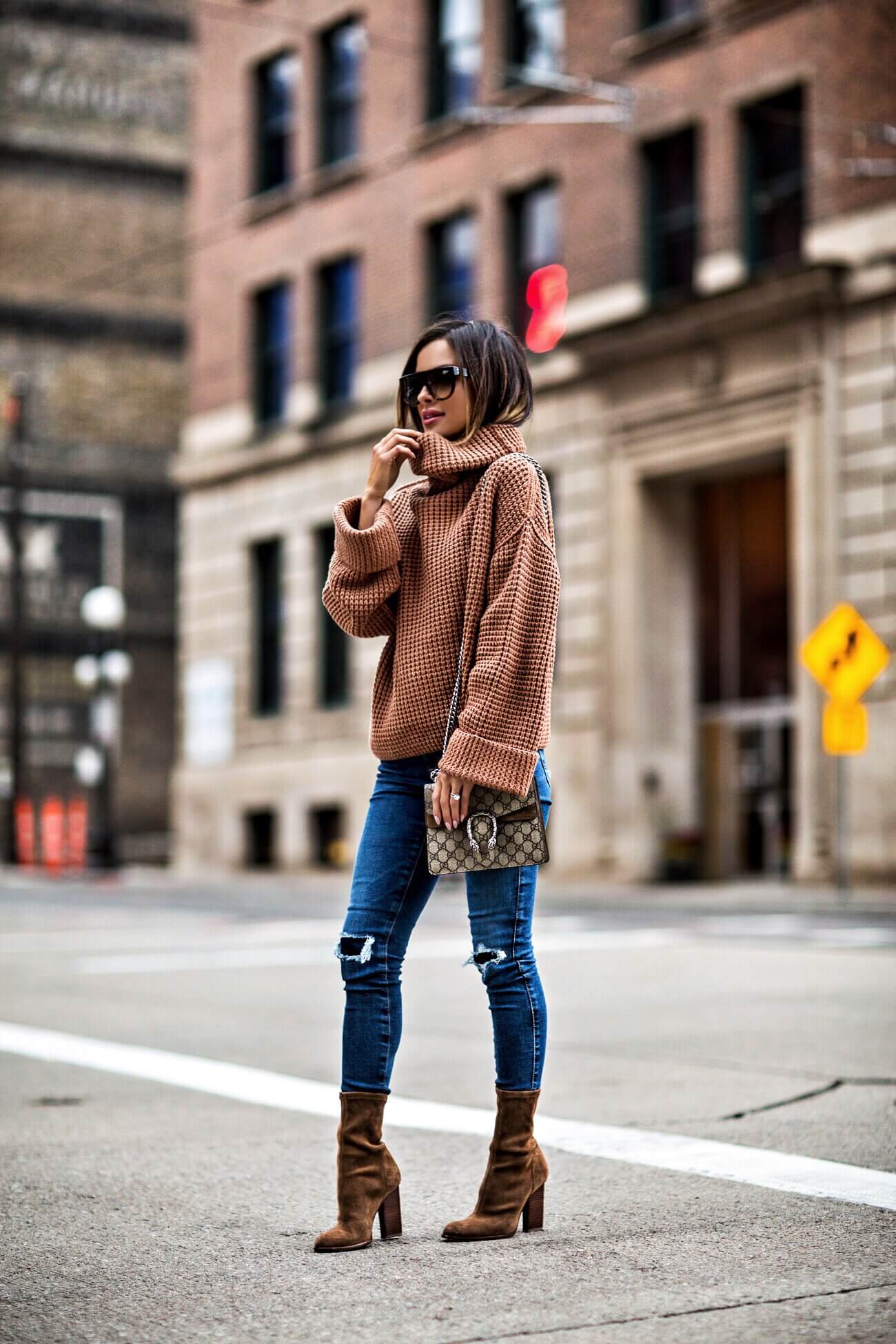 Brown Oversized Turtleneck with Distressed Jeans — Oversized Sweater Outfits
