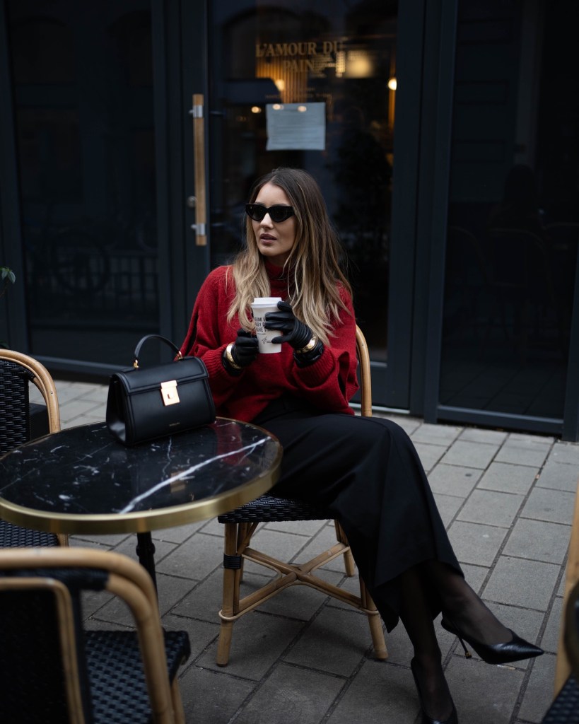 Cozy Red Oversized Turtleneck Sweater with Wide-Leg Trousers — Winter Date Night Outfits