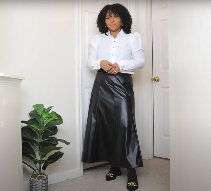 Faux-Leather Midi Skirt and Puff-Sleeve Blouse for Church Faux-Leather Midi Skirt and Puff-Sleeve Blouse for Church — Winter Church Outfits