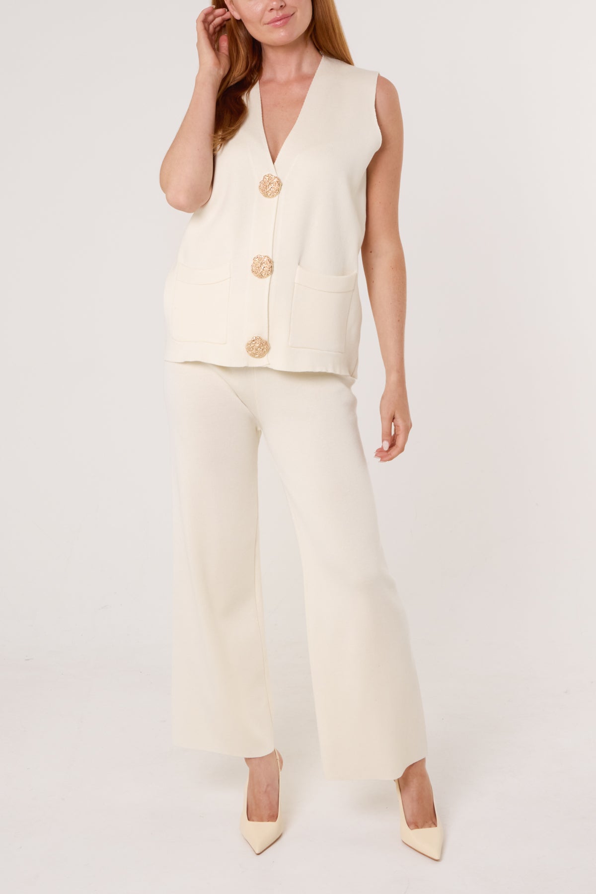 Cream Knit Vest and Wide-Leg Trousers — Knit Set Outfits