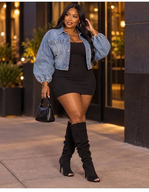 Slouchy Boots with Mini Dress and Voluminous Denim Jacket — Knee High Boots Outfits