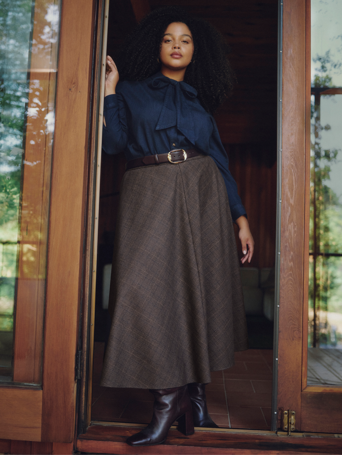 Smart Casual Plaid Midi Skirt with Bow Detail Blouse — Winter Outfits for Plus Size Women