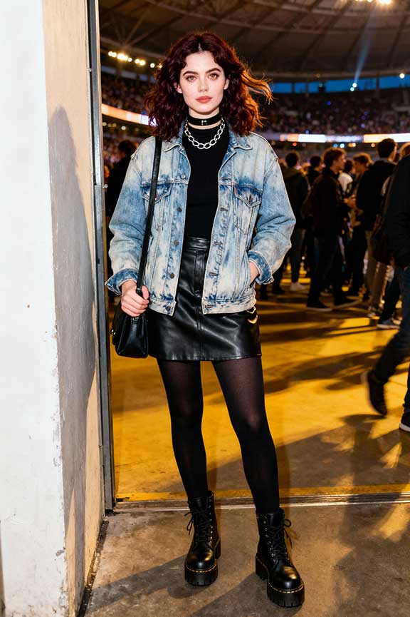 Denim Jacket Over Leather Mini and Combat Boots for a Concert — Winter Concert Outfits