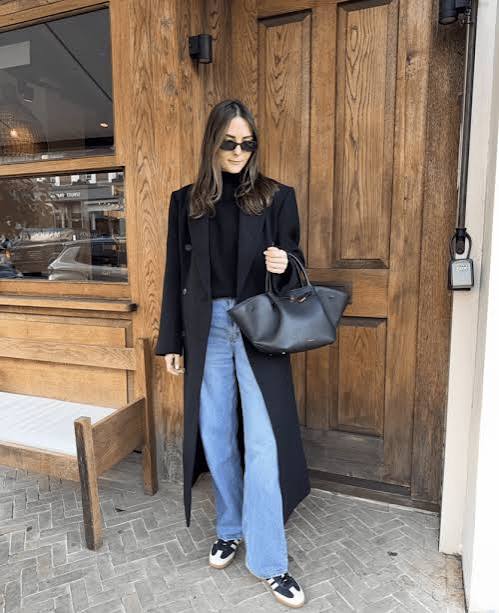 Casual Sophistication: Wide-Leg Jeans and Long Coat Casual Sophistication: Wide-Leg Jeans and Long Coat — Winter Dinner Outfits