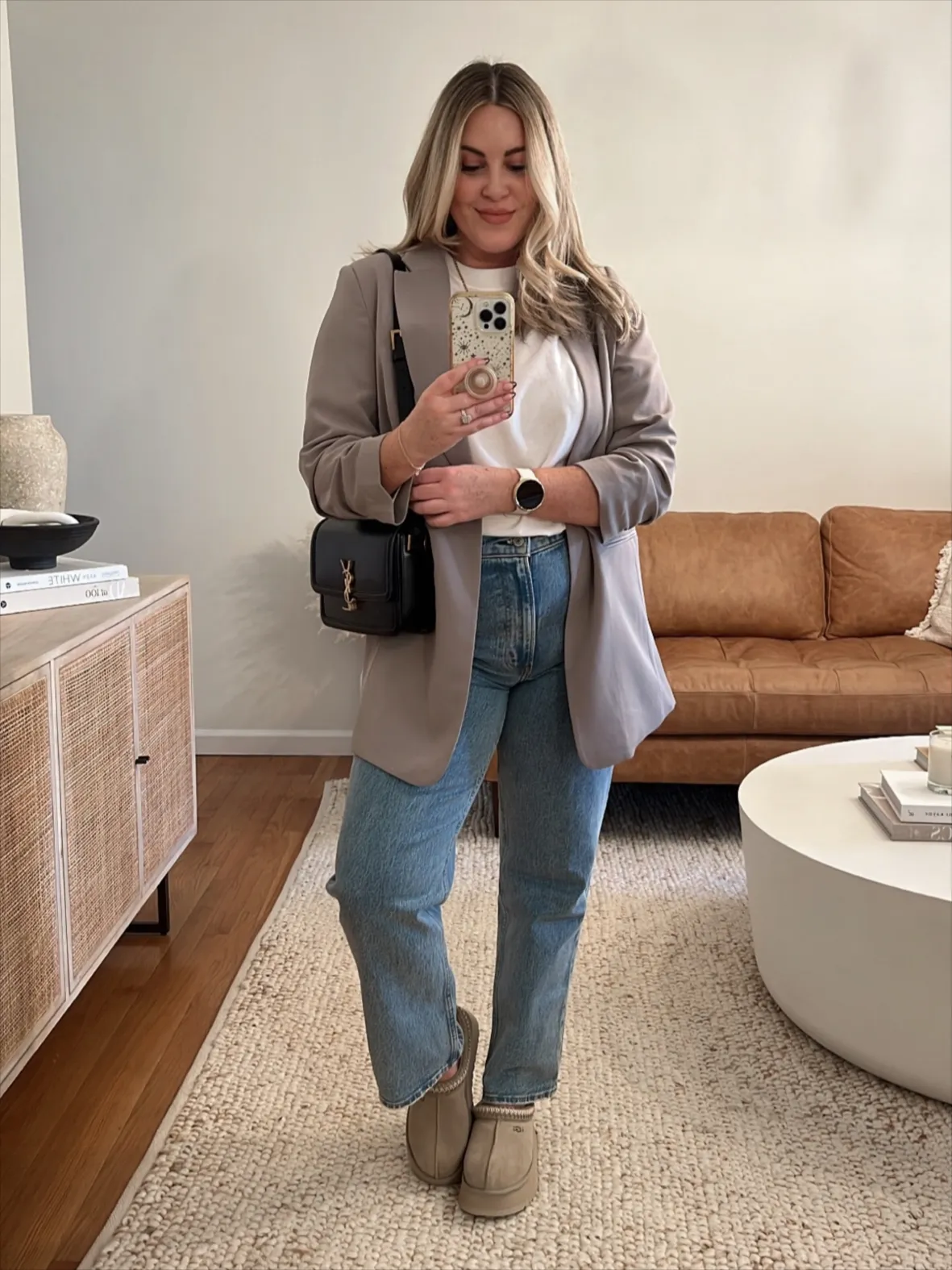 Oversized Blazer and Jeans with Trimmed Tan Slippers — Ugg Slippers Outfits