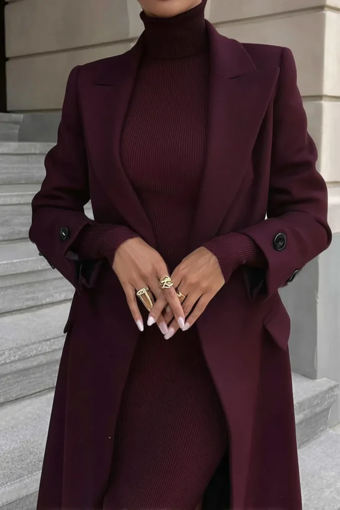 Sophisticated Burgundy Knit Dress and Blazer Set — Fall to Winter Outfits