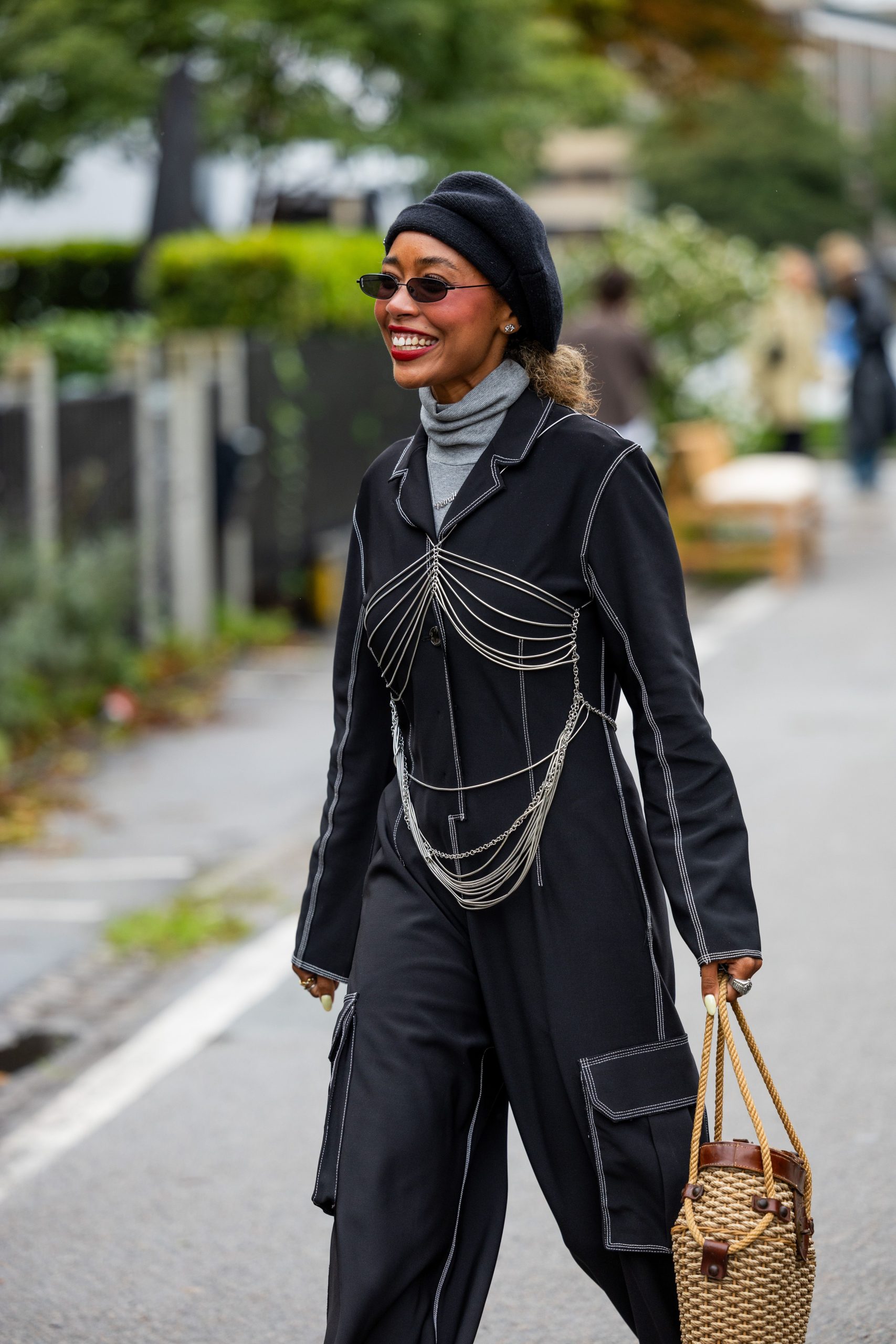 Edgy Appeal: Beret with a Chain Harness and Jumpsuit — Beret Outfits