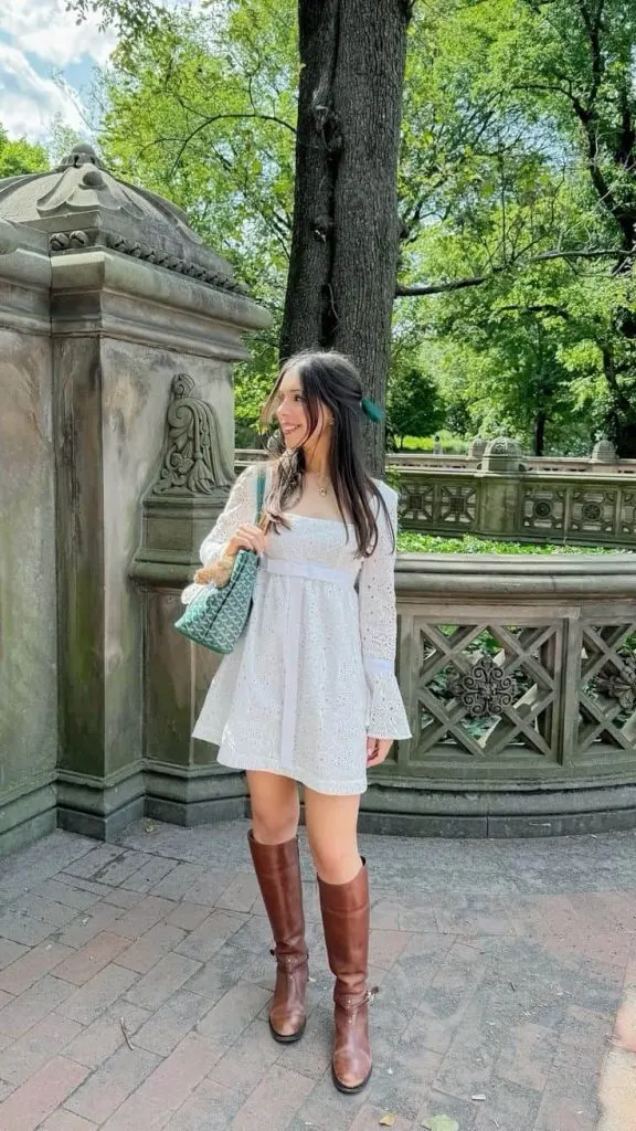 Charming Daytime Style with Brown Boots and Eyelet Dress — Riding Boots Outfits