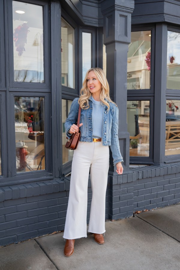 Cropped Denim Jacket Over Ribbed Sweater with Wide-Leg Pants — Winter Outfits for Women Over 50