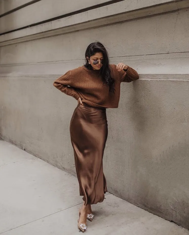 Elegant Texture Play: Cropped Sweater and Satin Skirt Elegant Texture Play: Cropped Sweater and Satin Skirt — Winter Dinner Outfits