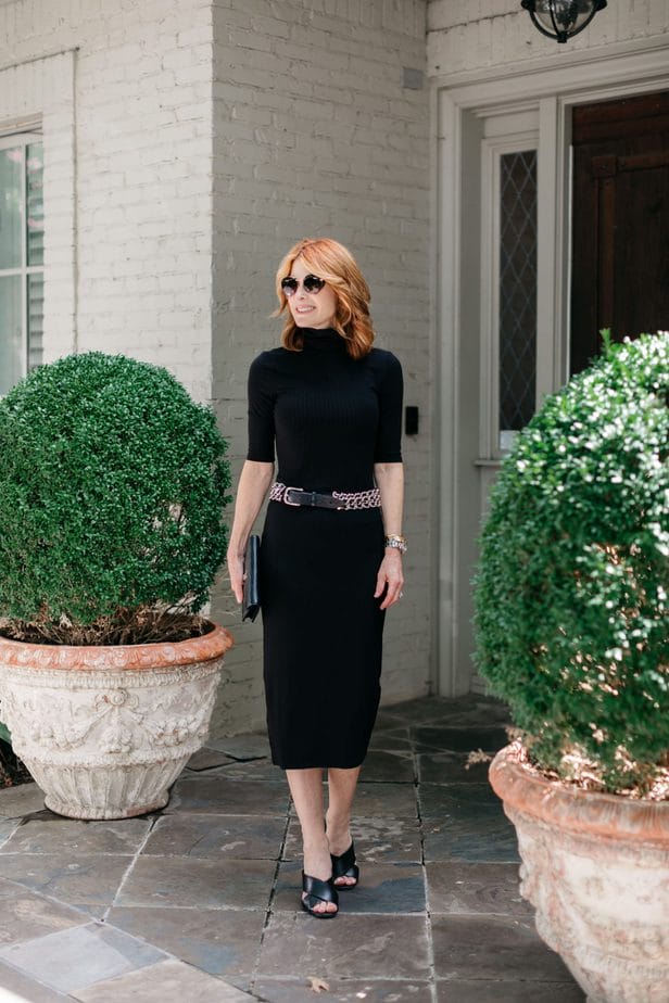 Daytime Glamour: Black Pencil Dress with Chain Belt Turtleneck Outfits