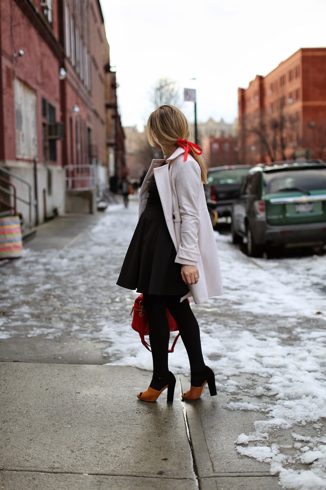 White Wool Coat Over Fit-and-Flare Dress — Nashville Winter Outfits
