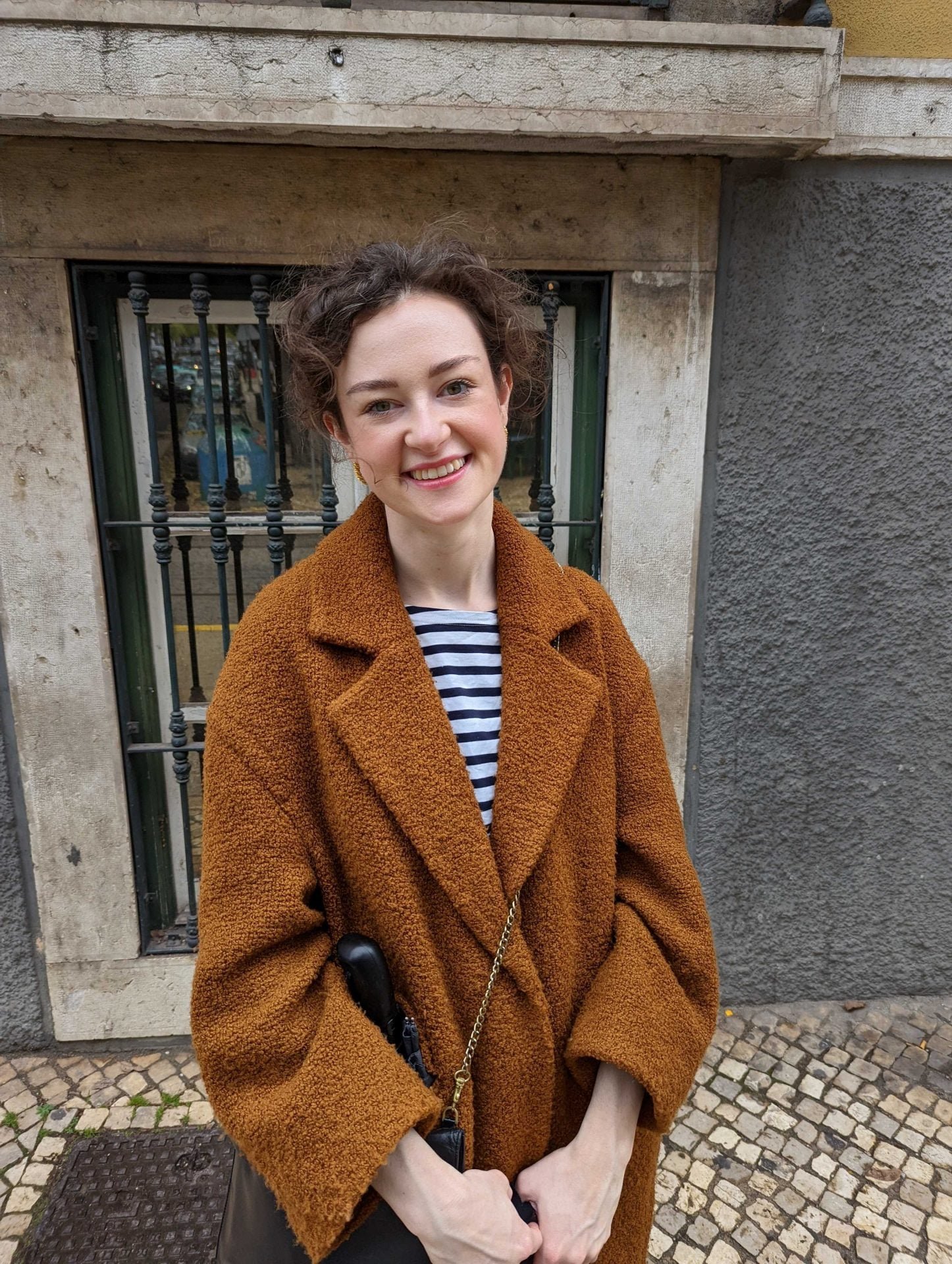 Brown Teddy Coat Over Striped Top — Cold Weather Outfits