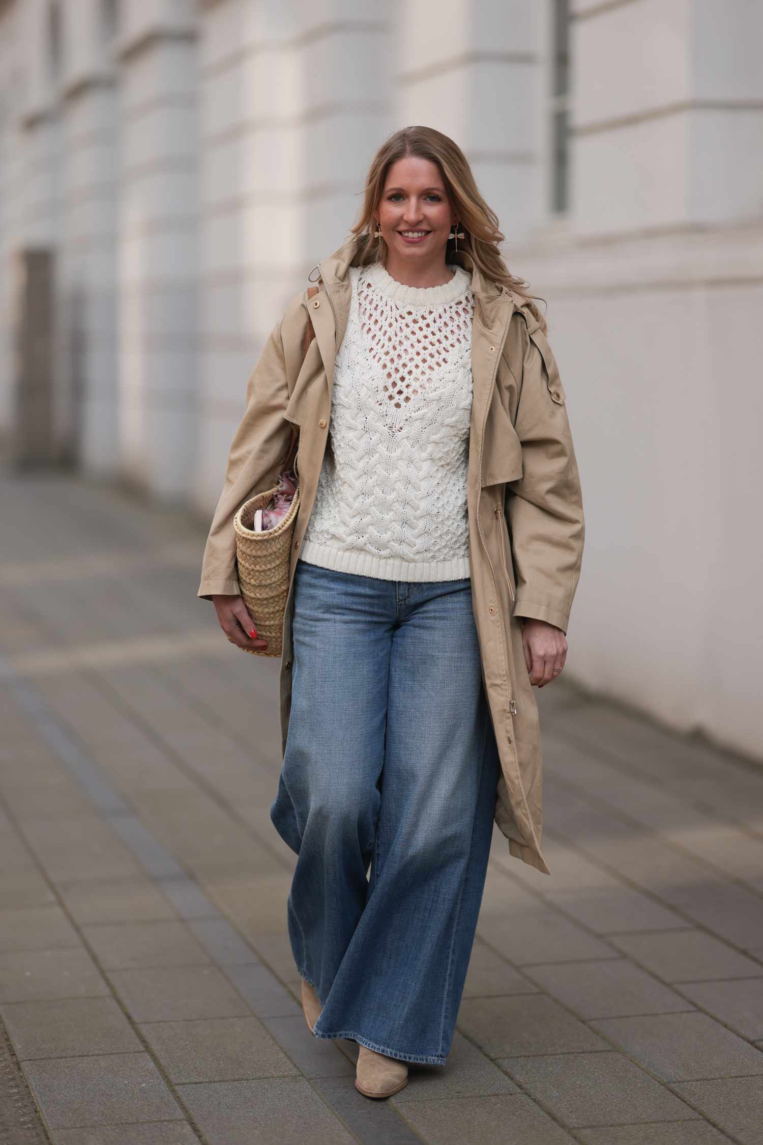 Wide-Leg Jeans with a Crochet Sweater and Trench Coat — Winter Outfits with Jeans