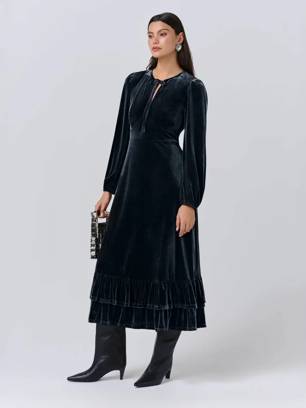 Dark Teal Velvet Dress with Tie-Neck Detail Dark Teal Velvet Dress with Tie-Neck Detail — Winter Wedding Guest Outfits