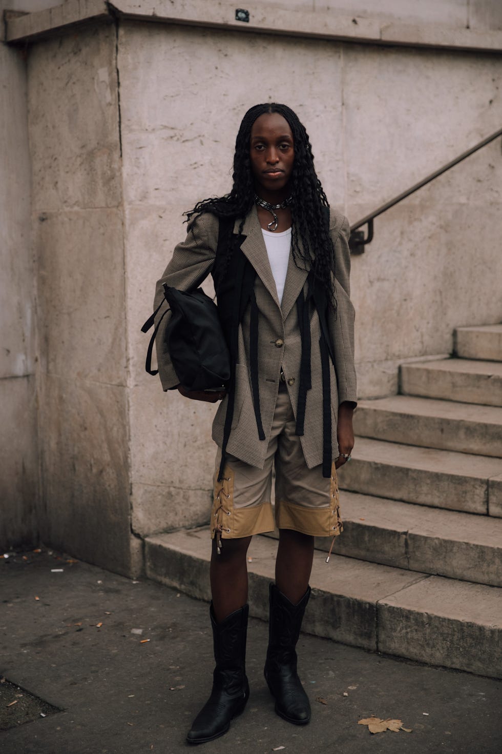 Cowboy Boots with Oversized Blazer and Shorts — Winter Boots Outfits