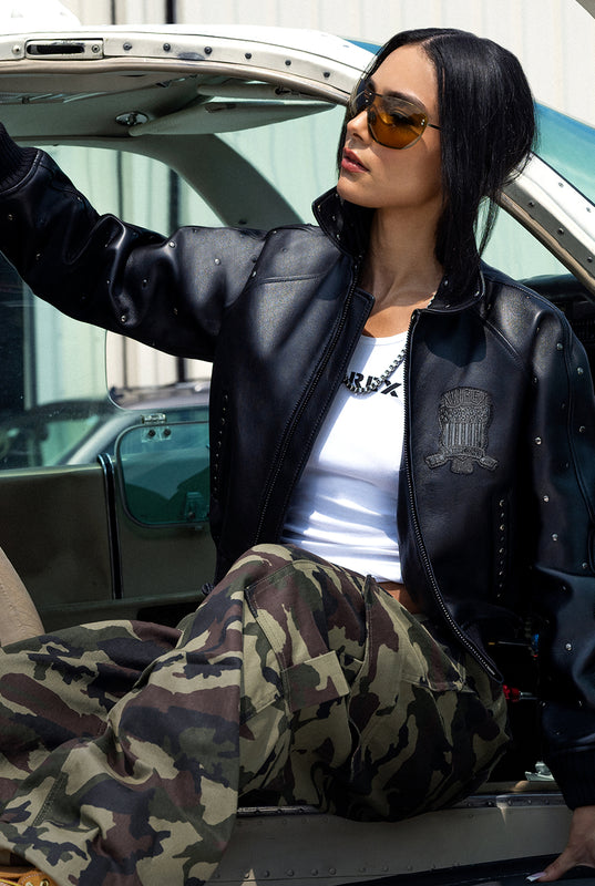 Studded Leather Bomber Jacket with Camo Cargo Pants — Winter Streetwear Outfits