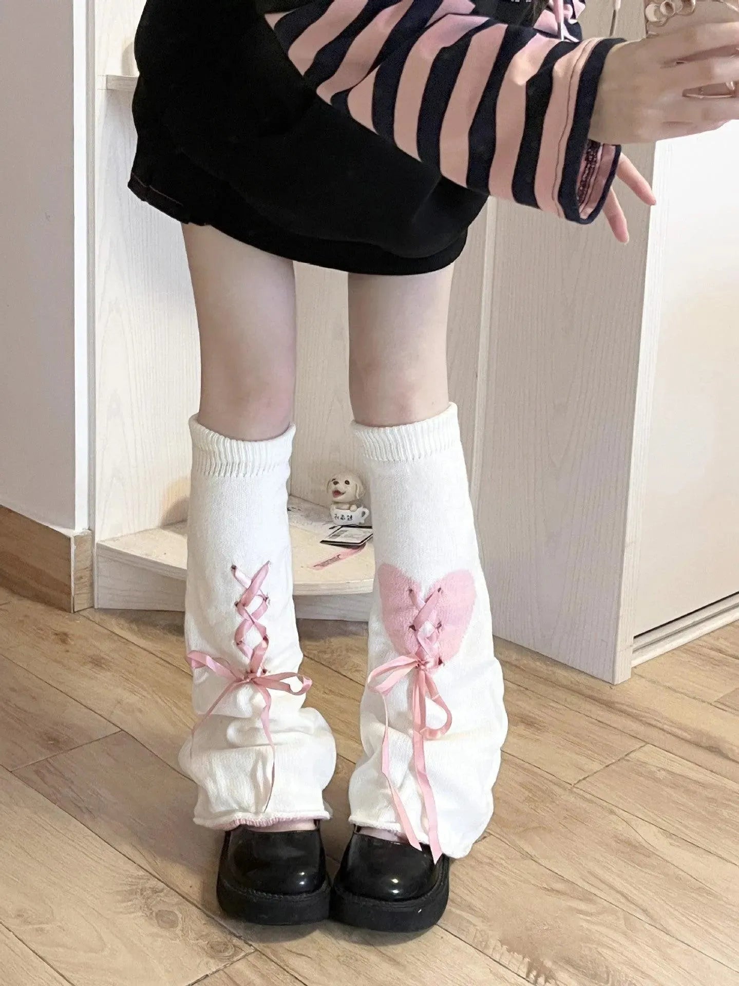 Y2K Vibes: Pink and Black Stripes with Heart-Detail Leg Warmers — Leg Warmers Outfits