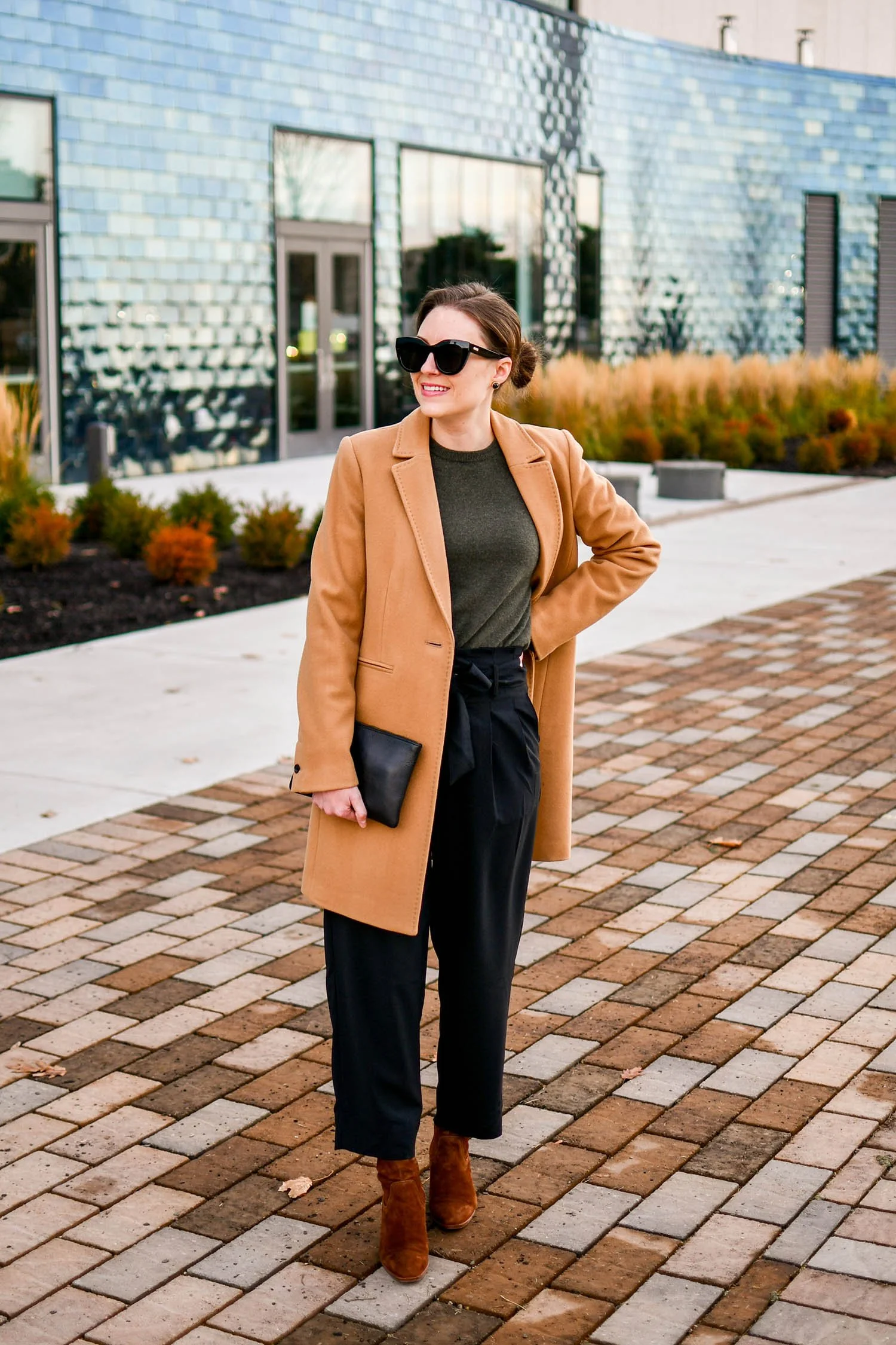 Camel Coat with Olive Top and Black Trousers — Casual Winter Outfits