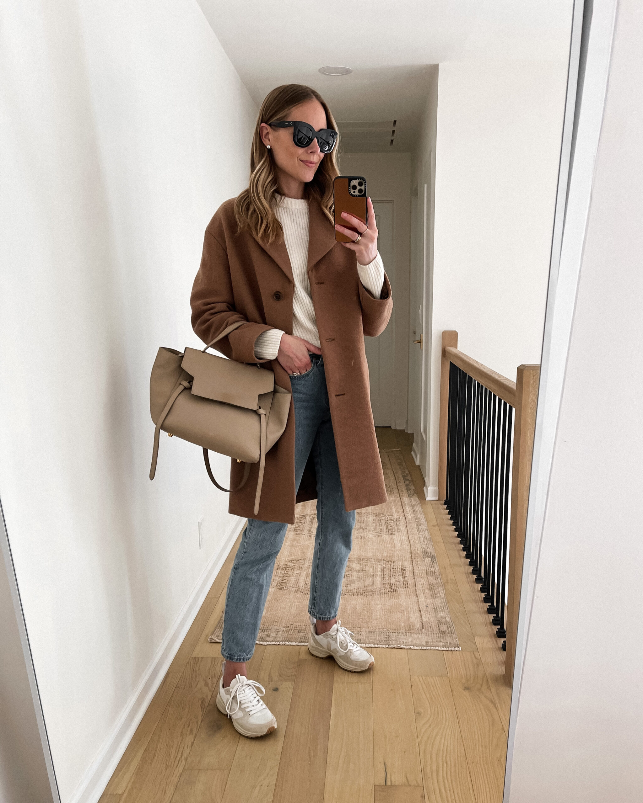 Chic Camel Coat Ensemble with Knit Sweater and Sneakers Chic Camel Coat Ensemble with Knit Sweater and Sneakers — Camel Coat Outfits